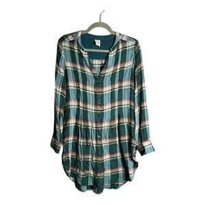 Akemi + Kin Green and Blue Plaid Button Down Shirt Dress XS